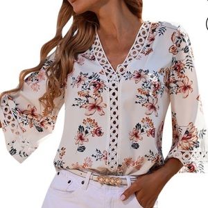 Floral White 3/4 Bell Sleeve Blouse with crochet detail